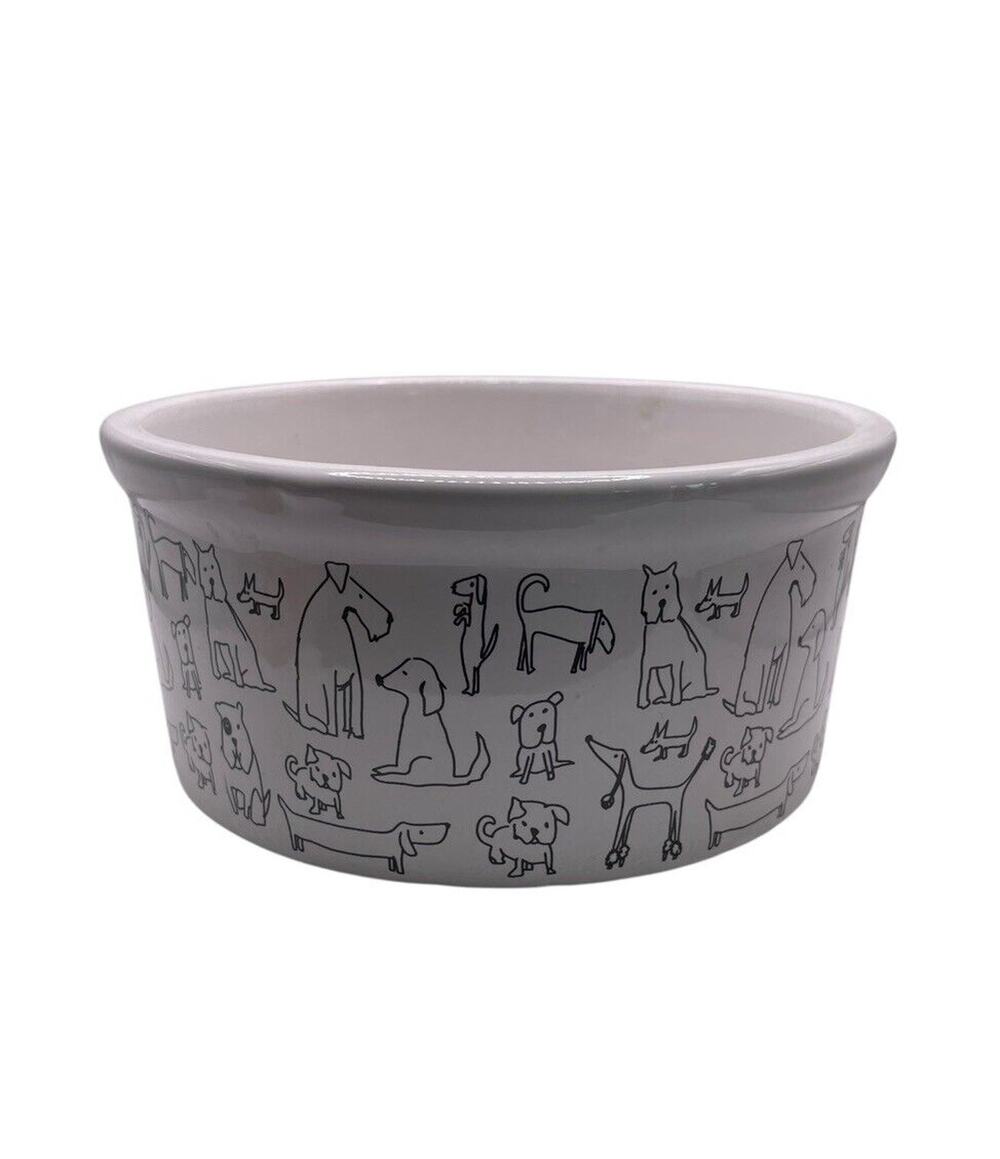 Ceramic Pet Bowl Dogs White Black Drawings